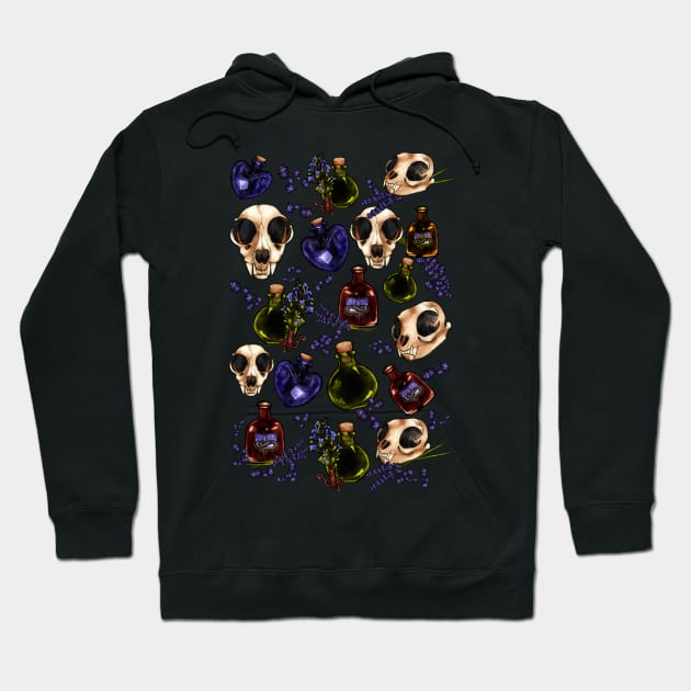 Spell Jars Cat Skulls and Herbs in Black Hoodie by JJLosh